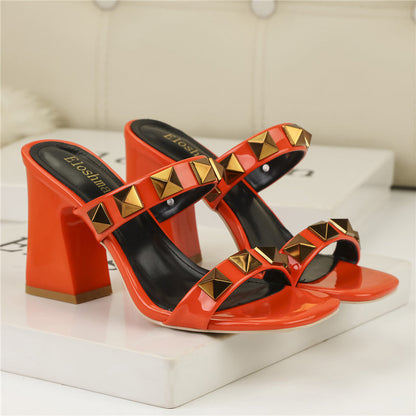 Luna™ - Square Toe Rivet Slip on Block Heeled Orthopedic Sandals