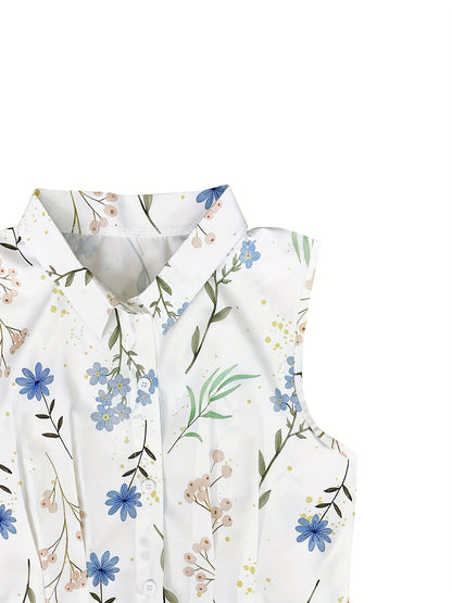 Bliss- Floral Print Collarless Sleeveless Button-Up Shirt Dress